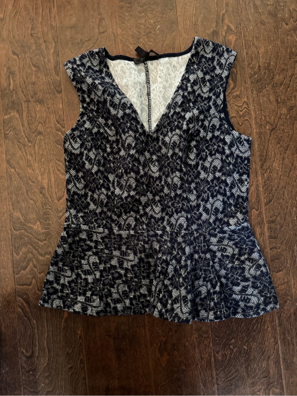 BCBGMaxAzria Navy and White Lace-Effect Peplum Blouse